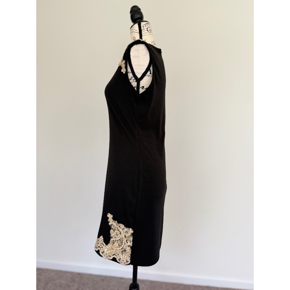 SHEIN Black Sheath Dress Gold Lace Applique Sleeveless Cocktail Dark Academia - Picture 11 of 14